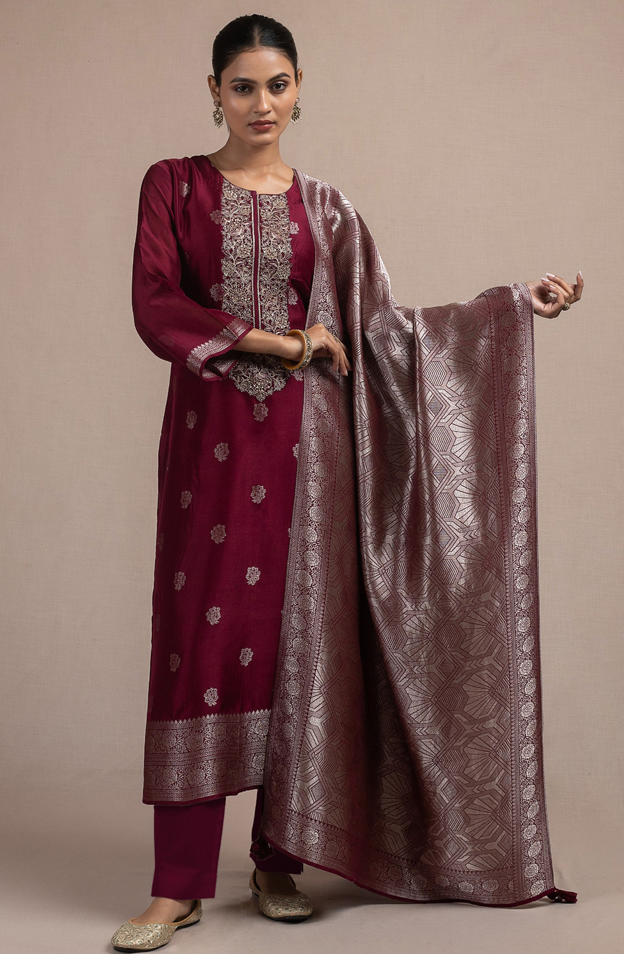 Wine Silk Jacquard Suit Set with Silk Dupatta - R157-SPR2536A