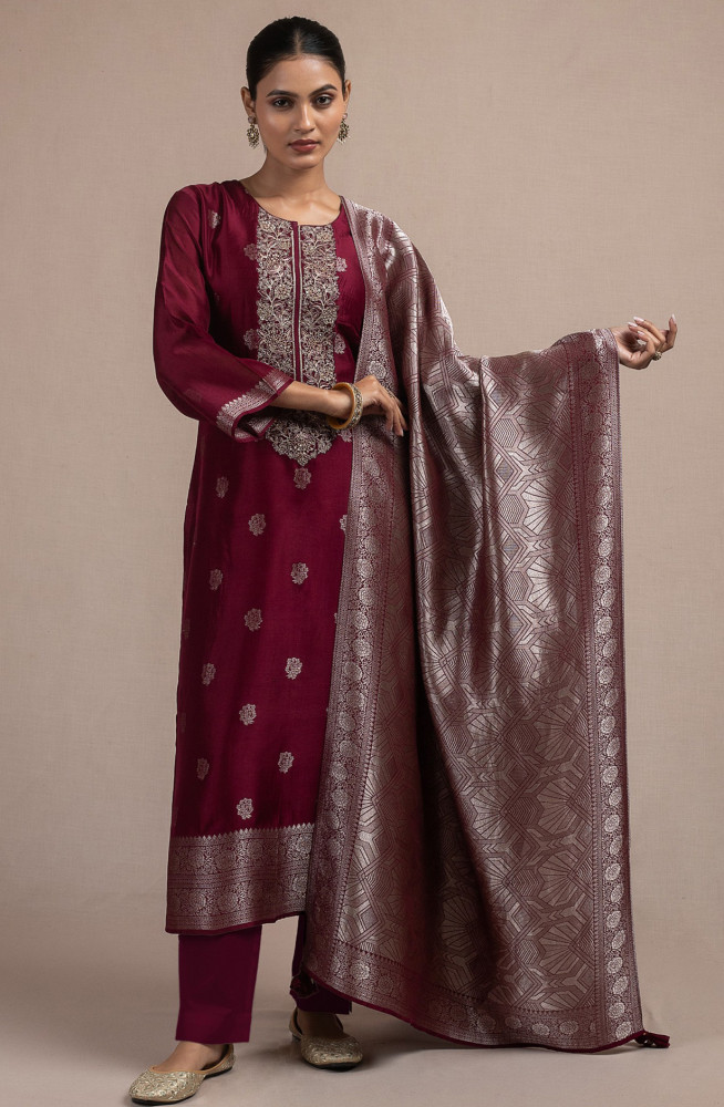 Image of Wine Silk Jacquard Suit Set with Silk Dupatta - R157-SPR2536A
