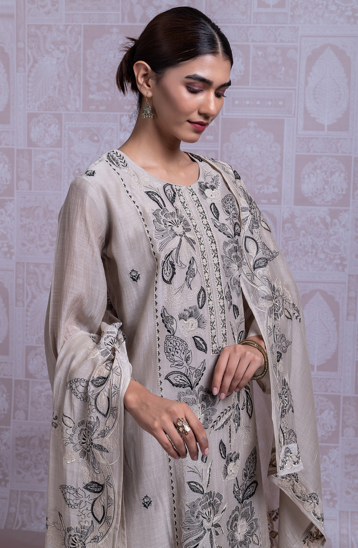 Black Mul chanderi Embroidered Suit Set with Dupatta - R157-SPR2330A