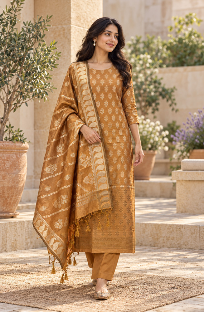 Image of Mustard Chanderi Silk Unstitched Suit-Set with Beautiful Dupatta - SVACHN1318-5C