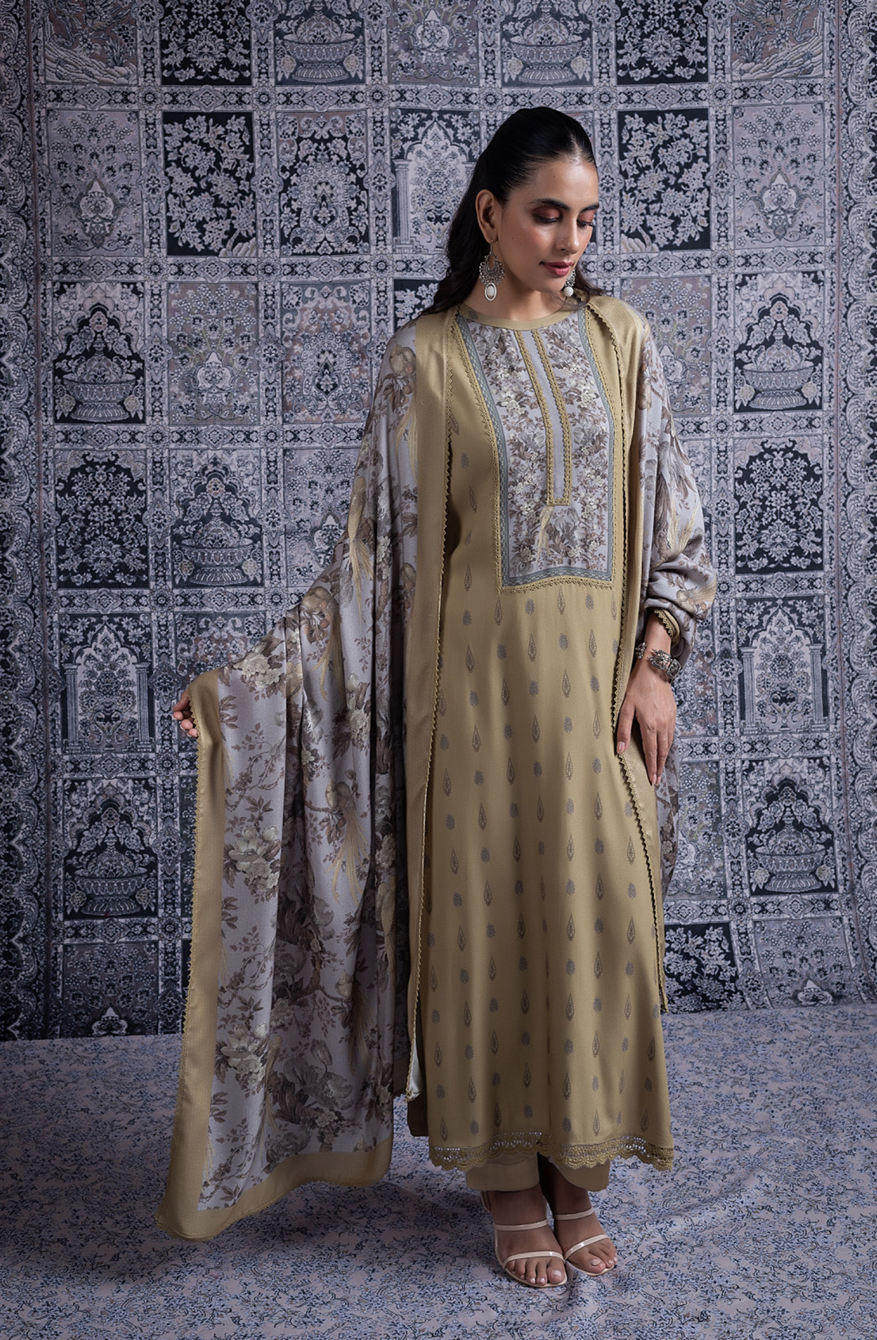 Mehandi Pashmina Suit set with Pashmina Dupatta - YAS2083B