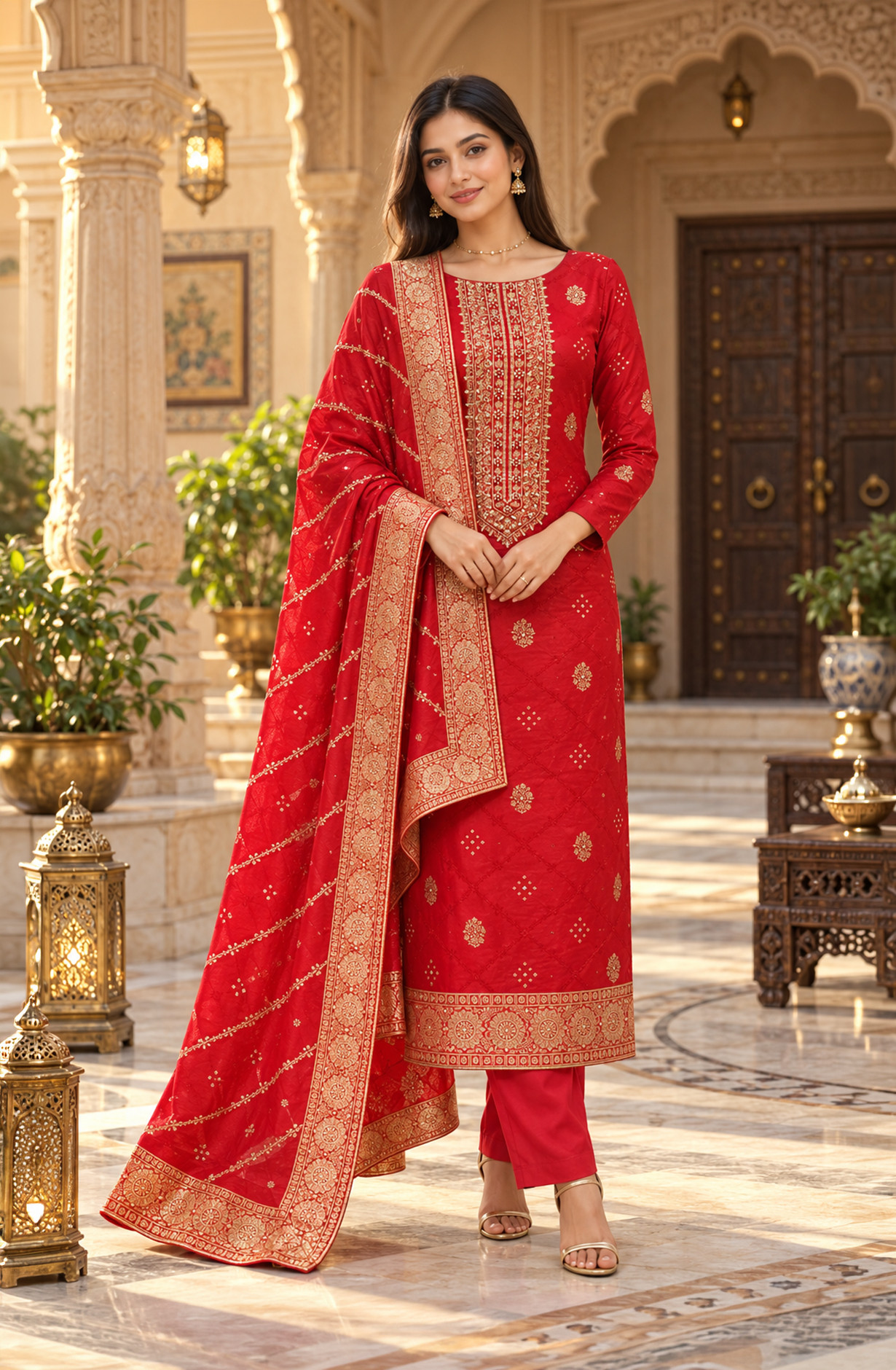 Red Modal Silk Unstitched Suit-Set with Beautiful Dupatta - 1034-3616A