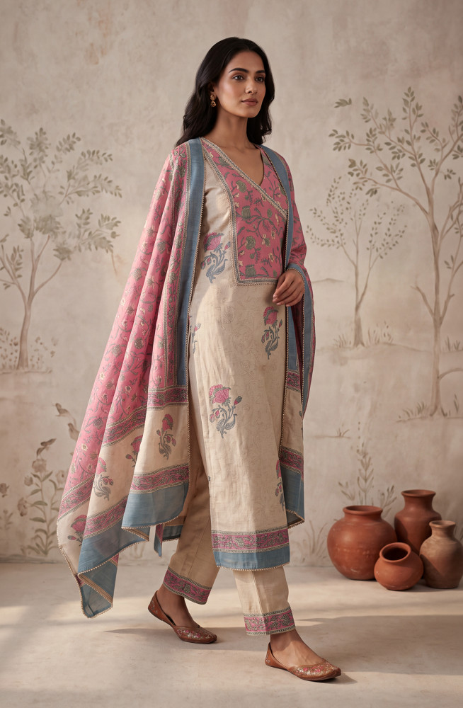 Image of Pink Silk Unstitched Suit Set with Beautiful Silk Dupatta - 972-WETSL1102-4C