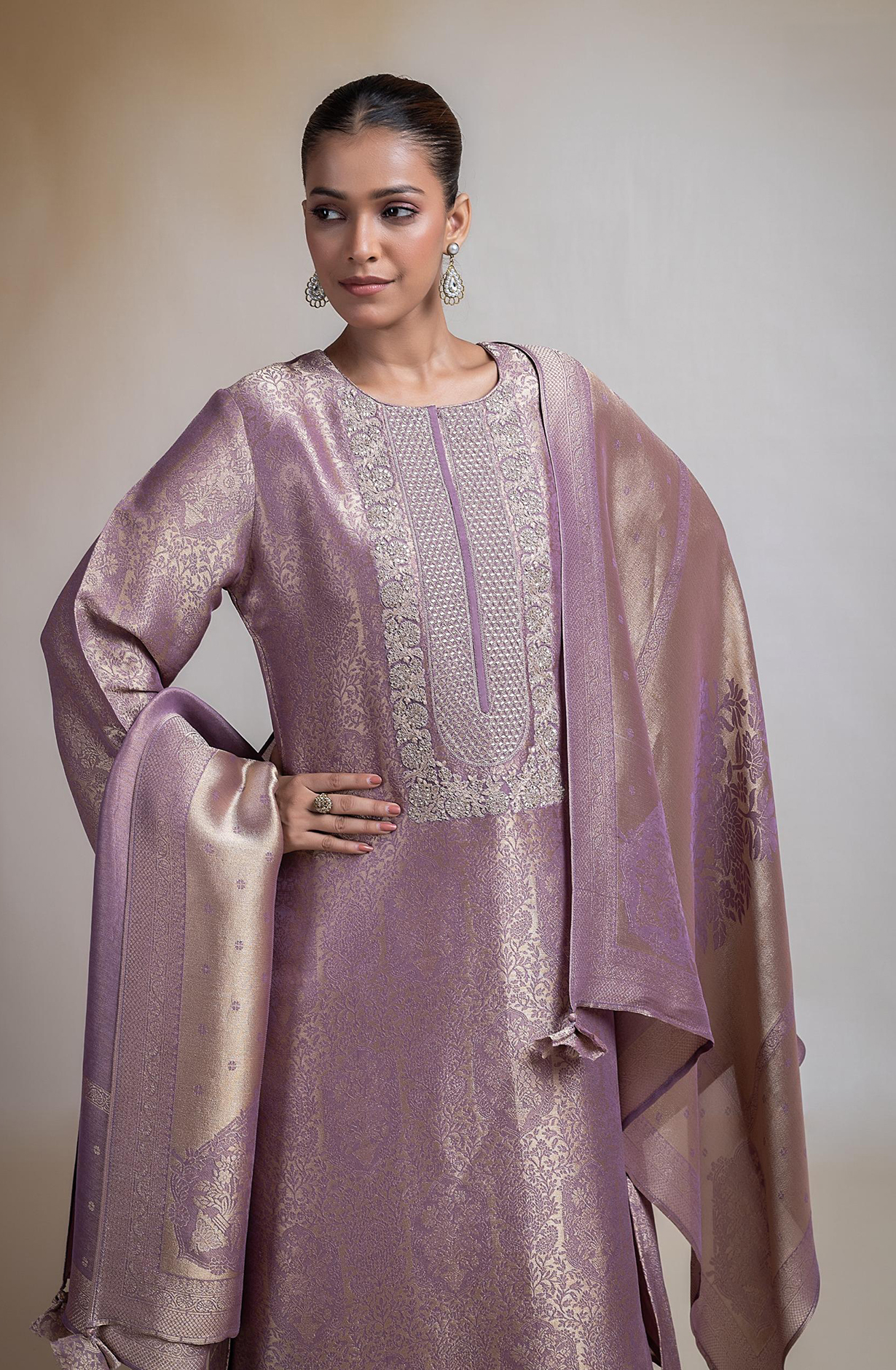 Pink Silk Tissue Jacquard Unstitched Suit with Beautiful Silk Tissue Dupatta- R157-SPR2387B