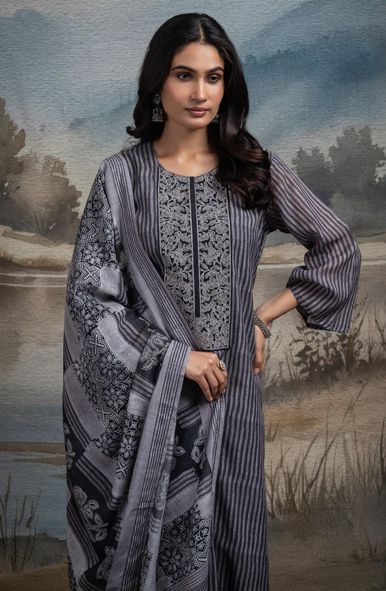 Black Pure Mul Chanderi Embroidered Beautiful Suit Set with Dupatta - R157-SPR2663