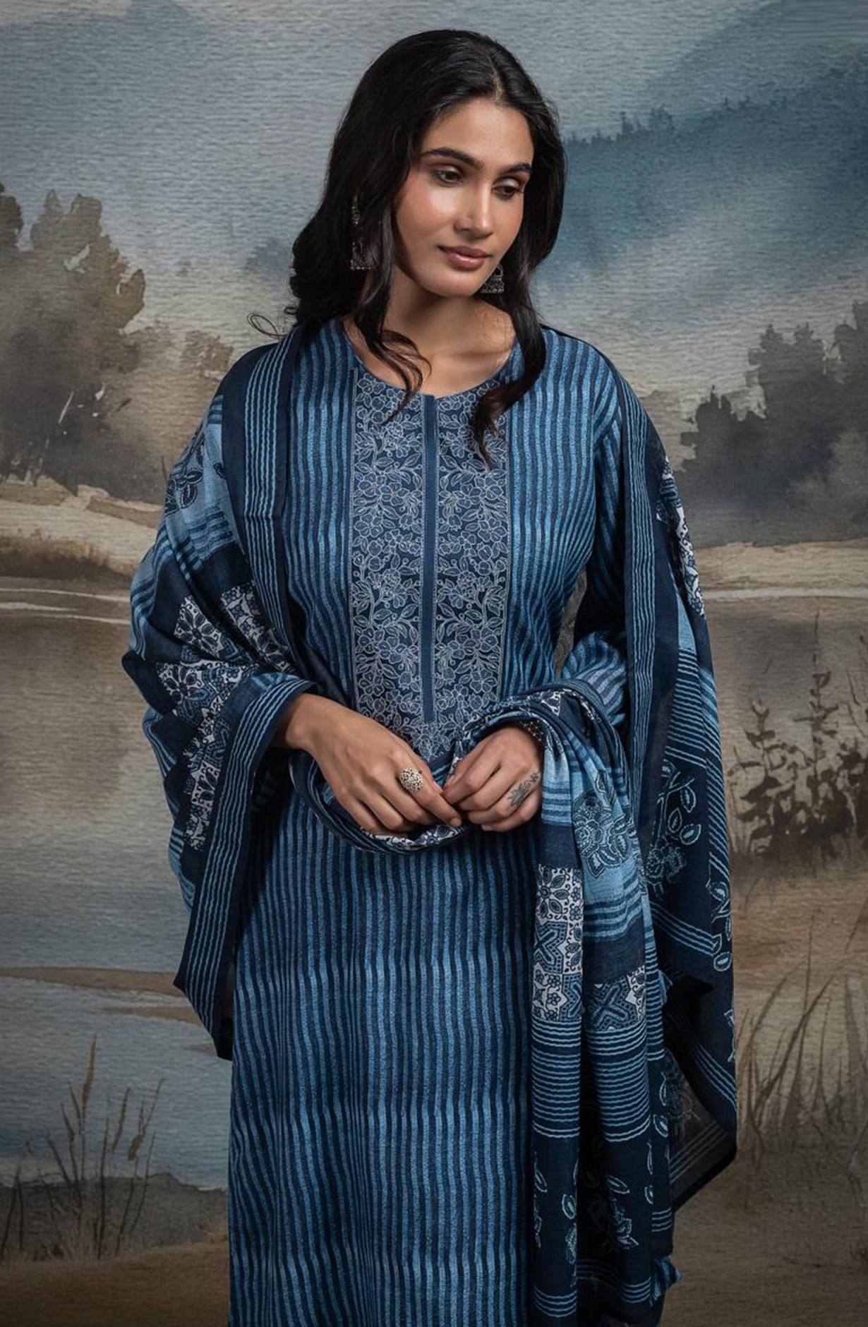 Blue Pure Mul Chanderi Embroidered Beautiful Suit Set with Dupatta - R157-SPR2663A