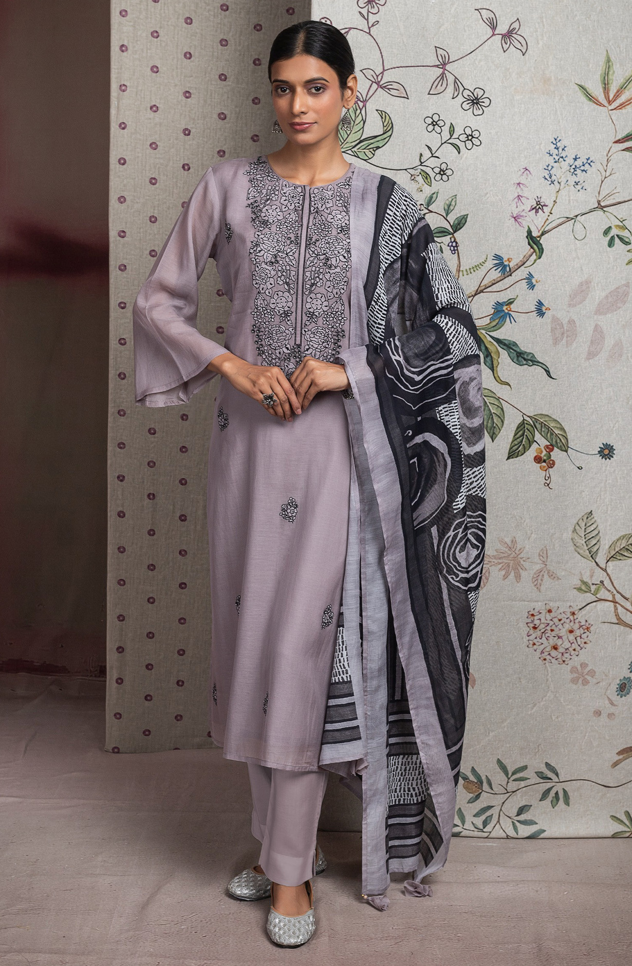Grey Pure Mul Chanderi Embroidered Beautiful Suit Set with Dupatta - R157-SPR2630