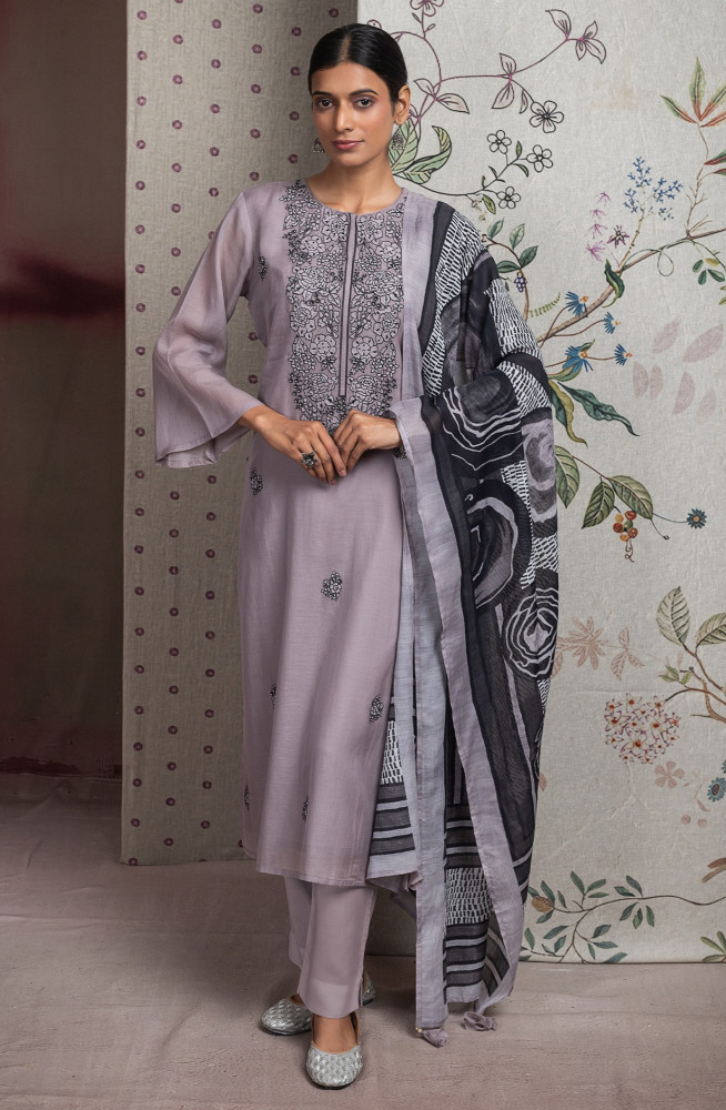 Image of Grey Pure Mul Chanderi Embroidered Beautiful Suit Set with Dupatta - R157-SPR2630