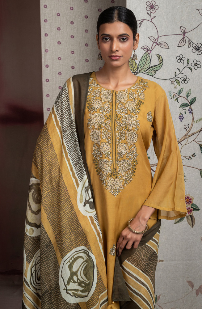 Image of Mustard Pure Mul Chanderi Embroidered Beautiful Suit Set with Dupatta - R157-SPR2630A