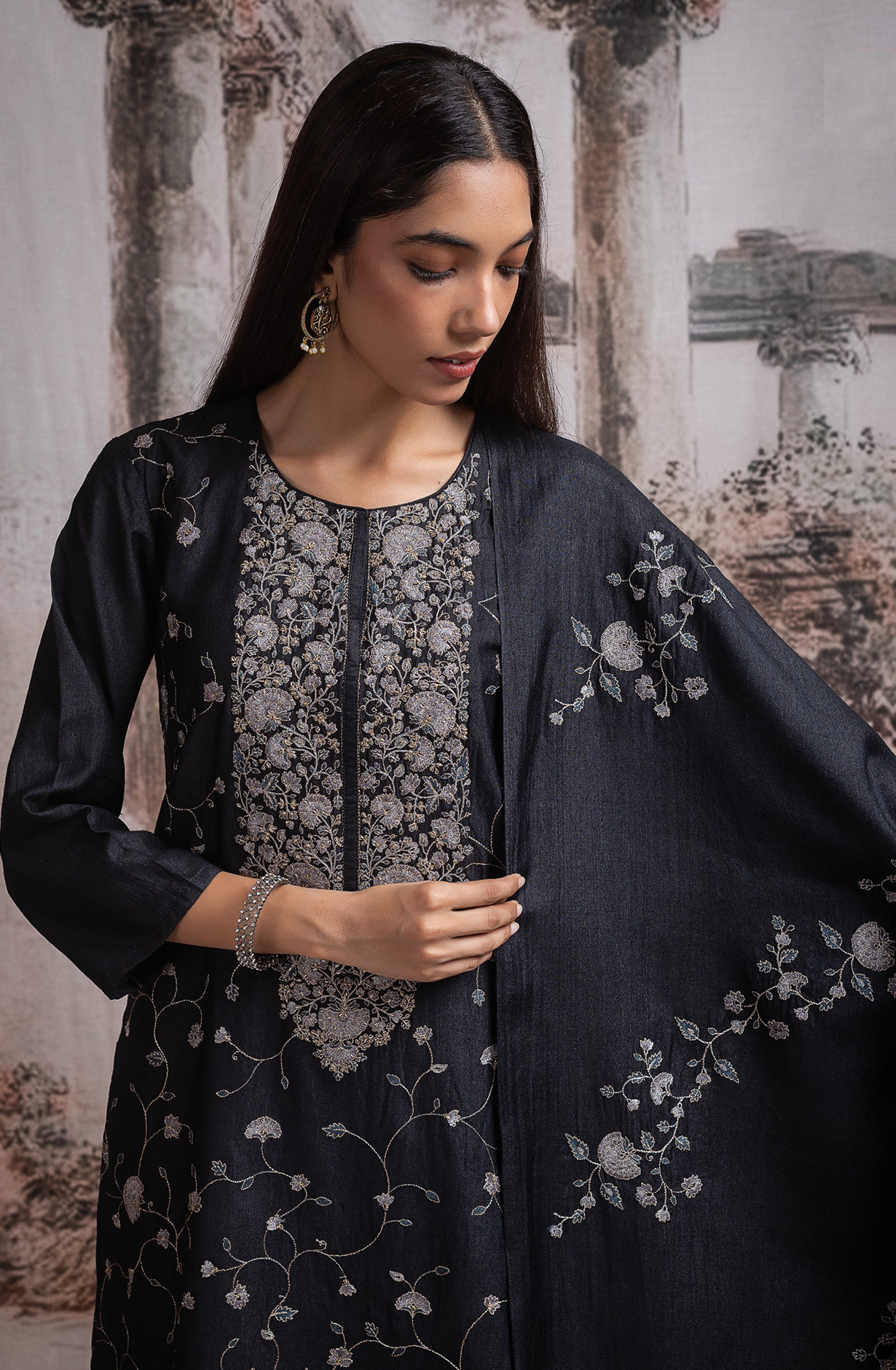Black Pure Monga Tussar Silk Suit with Dupatta - R157-SPR2506