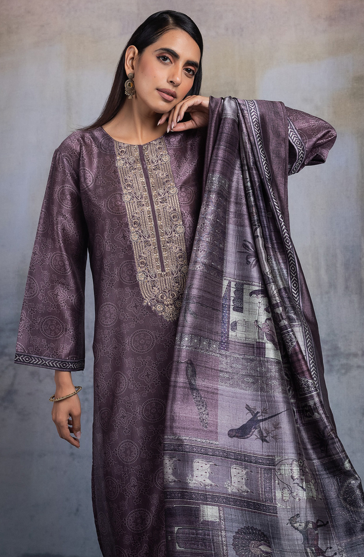 Mauve Unstitched Silk Suit set with Dupatta - R157-SPR2601
