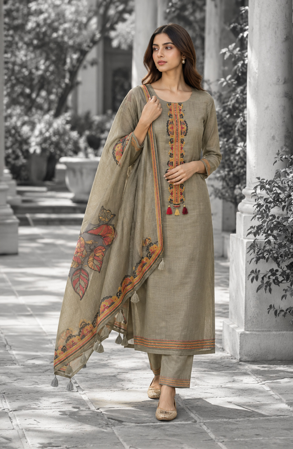 Olive Green Maheshwari Unstitched Suit Set with Dupatta - 767-E2788