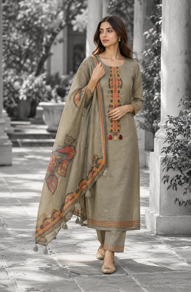 Image of Olive Green Maheshwari Unstitched Suit Set with Dupatta - 767-E2788