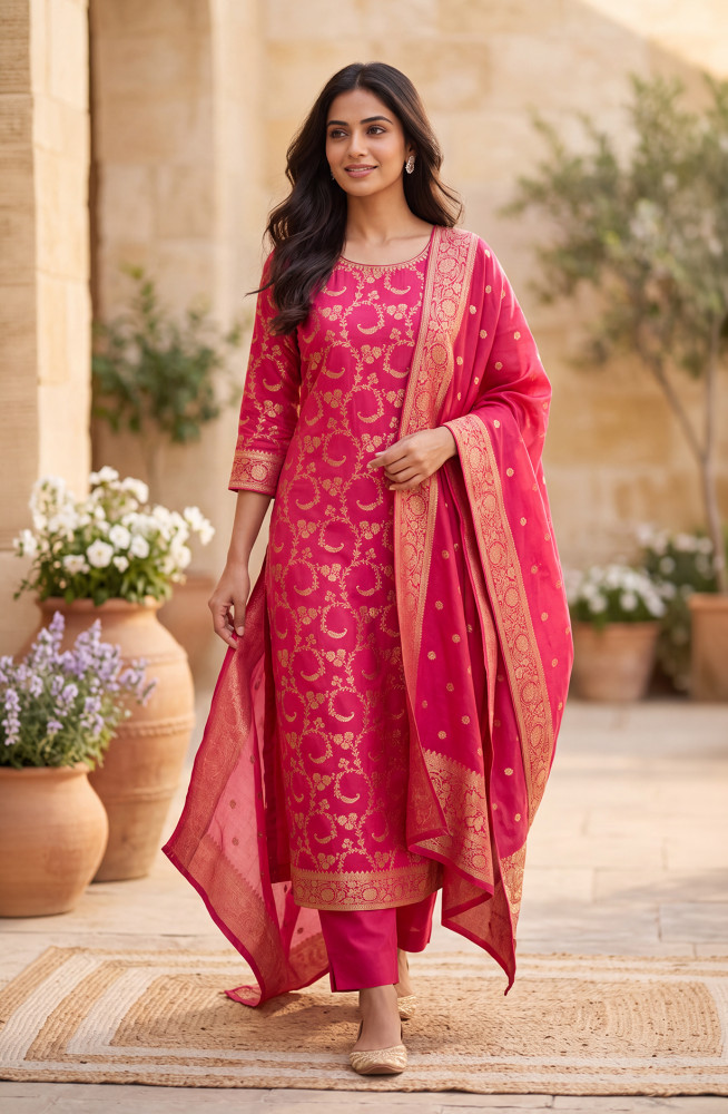 Image of Rani Chanderi Silk Unstitched Suit-Set with Beautiful Dupatta - 981-0018