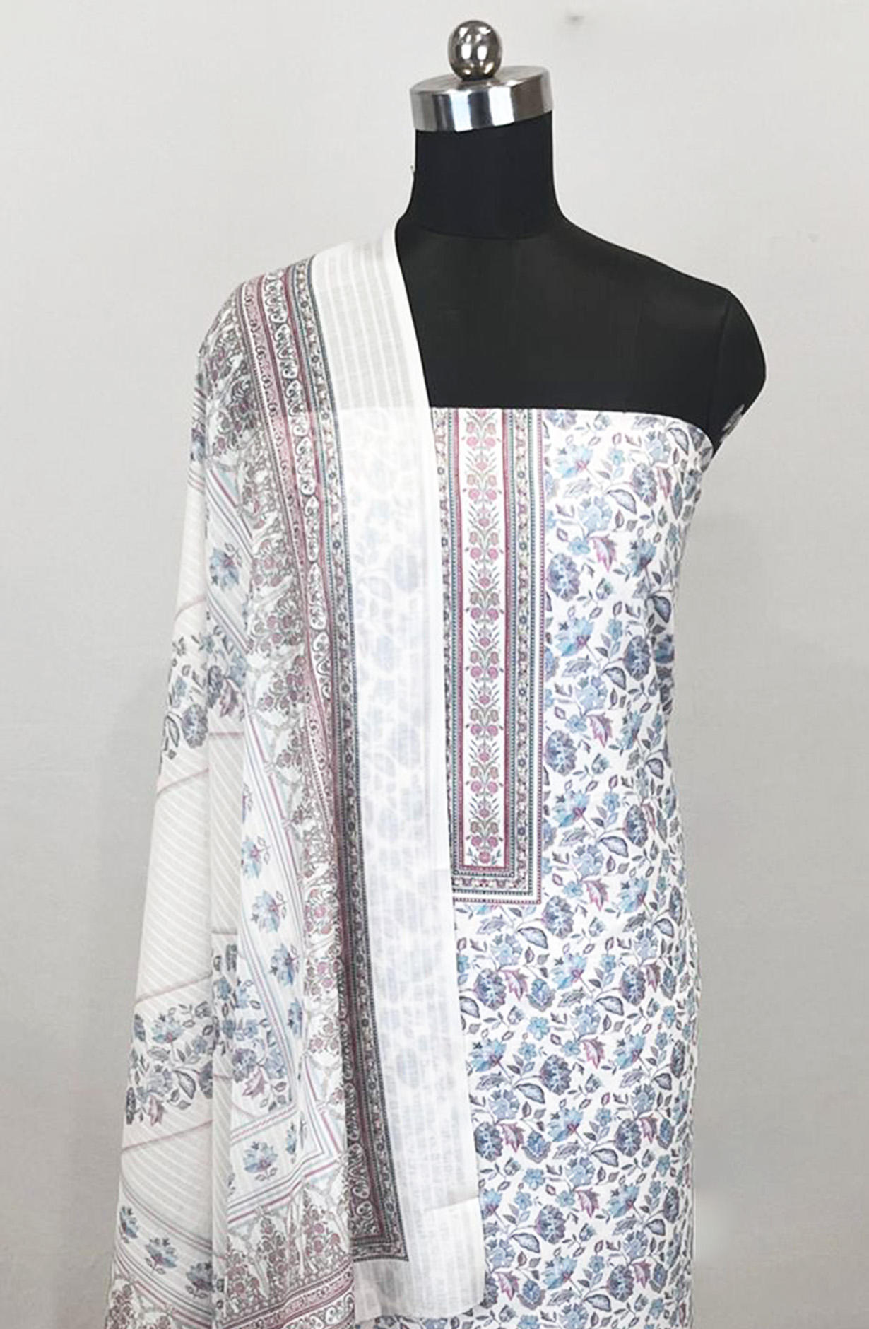 Off-White Printed Cotton Unstitched Suit Set with Dupatta - ZAI1919J