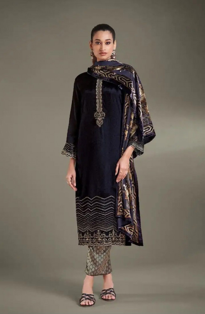 Image of Blue Pure Viscose Velvet Suit with Dupatta - RIT8861B