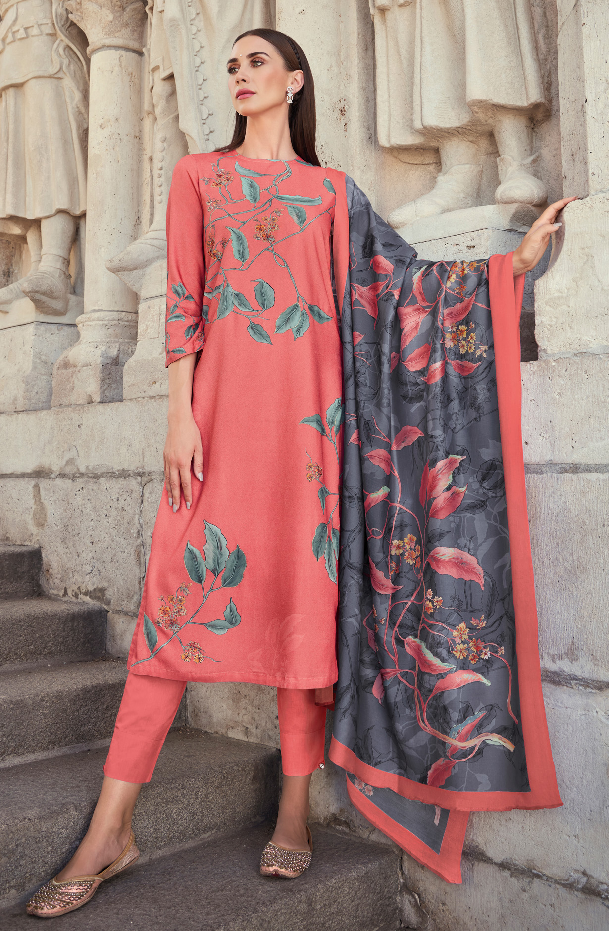 Peach Spun Digital Printed Winter Wear Salwar Kameez - FIT4575