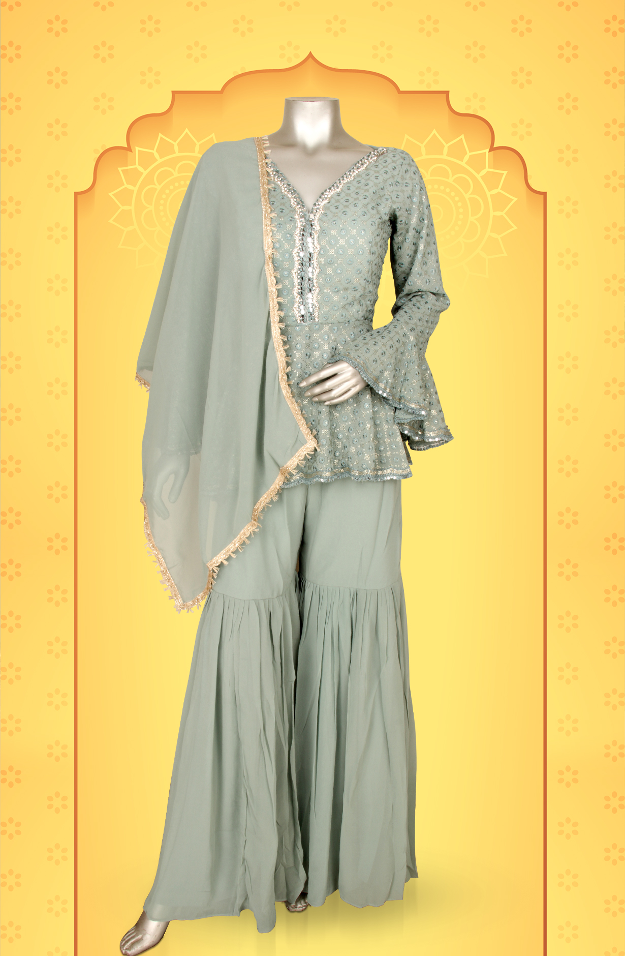 Sea Green Designer Georgette Partywear Readymade Sharara Suit - 131-D5918A
