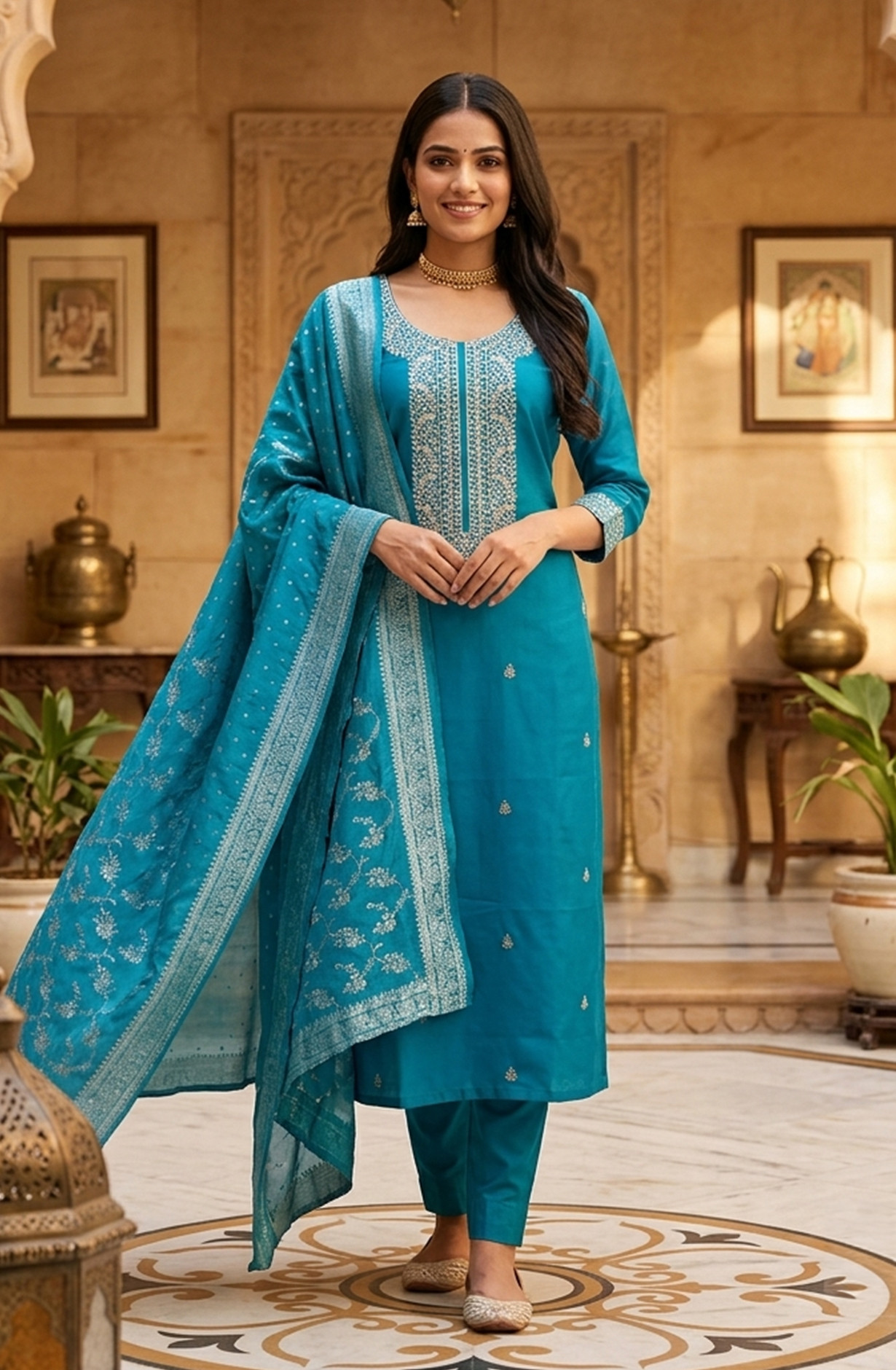 Firozi Chanderi Silk Beautiful Suit Set with Banarsi Dupatta - 981-NK644A