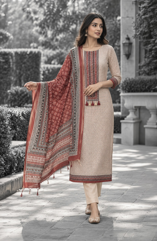 Image of Beige Chanderi Unstitched Suit Set with Dupatta - 767-HF569