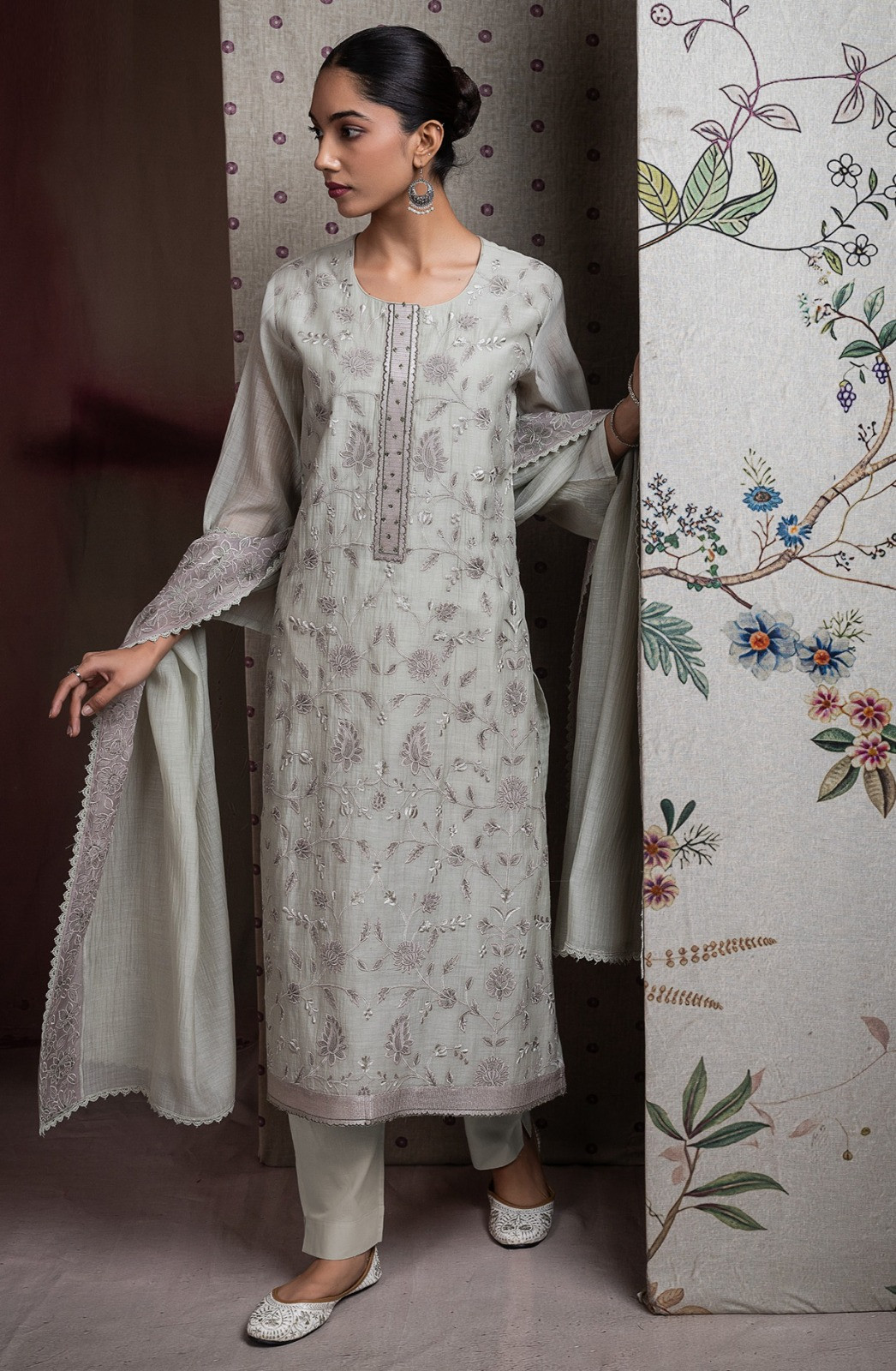 Grey Pure Mul Chanderi Suit Set with Dupatta -R157-SPR2595A