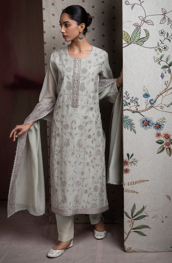 Image of Grey Pure Mul Chanderi Suit Set with Dupatta -R157-SPR2595A