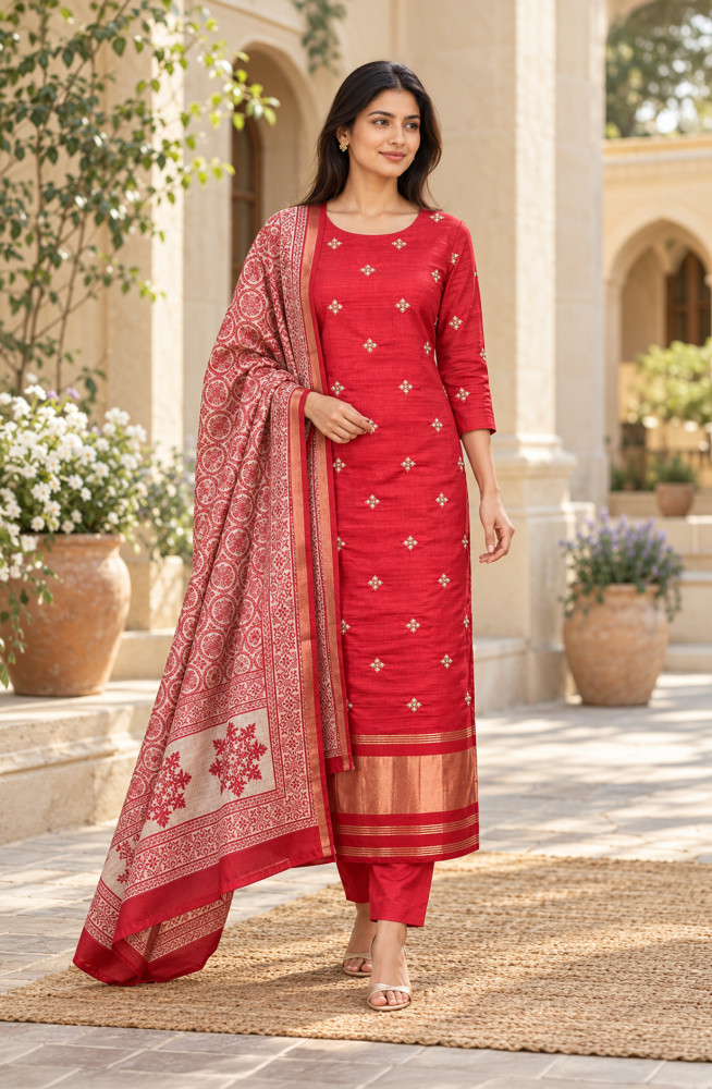 Image of Red Raw Silk Unstitched Suit-Set with Beautiful Dupatta - 981-I396