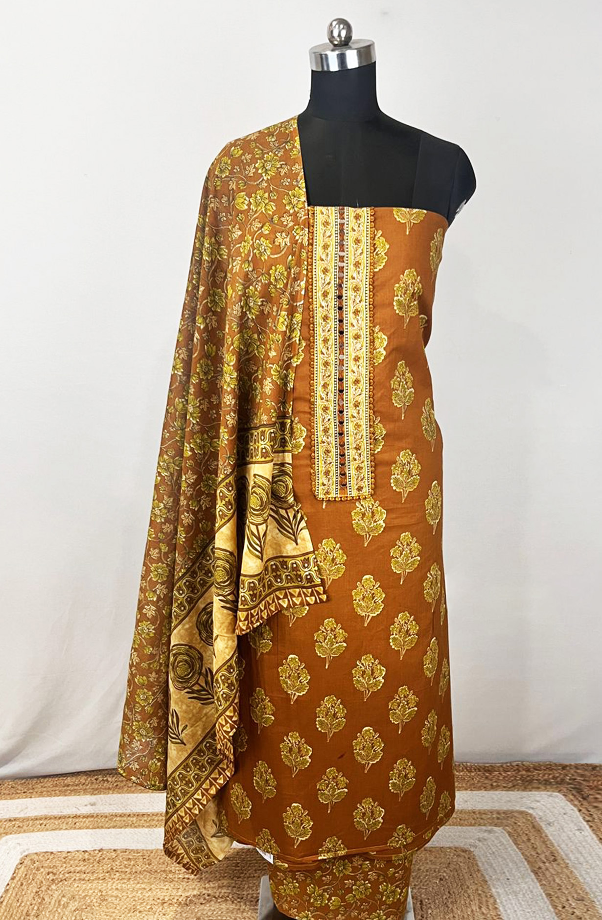 Mustard Printed Cotton Unstitched Suit Set with Dupatta - 131-KE1696B