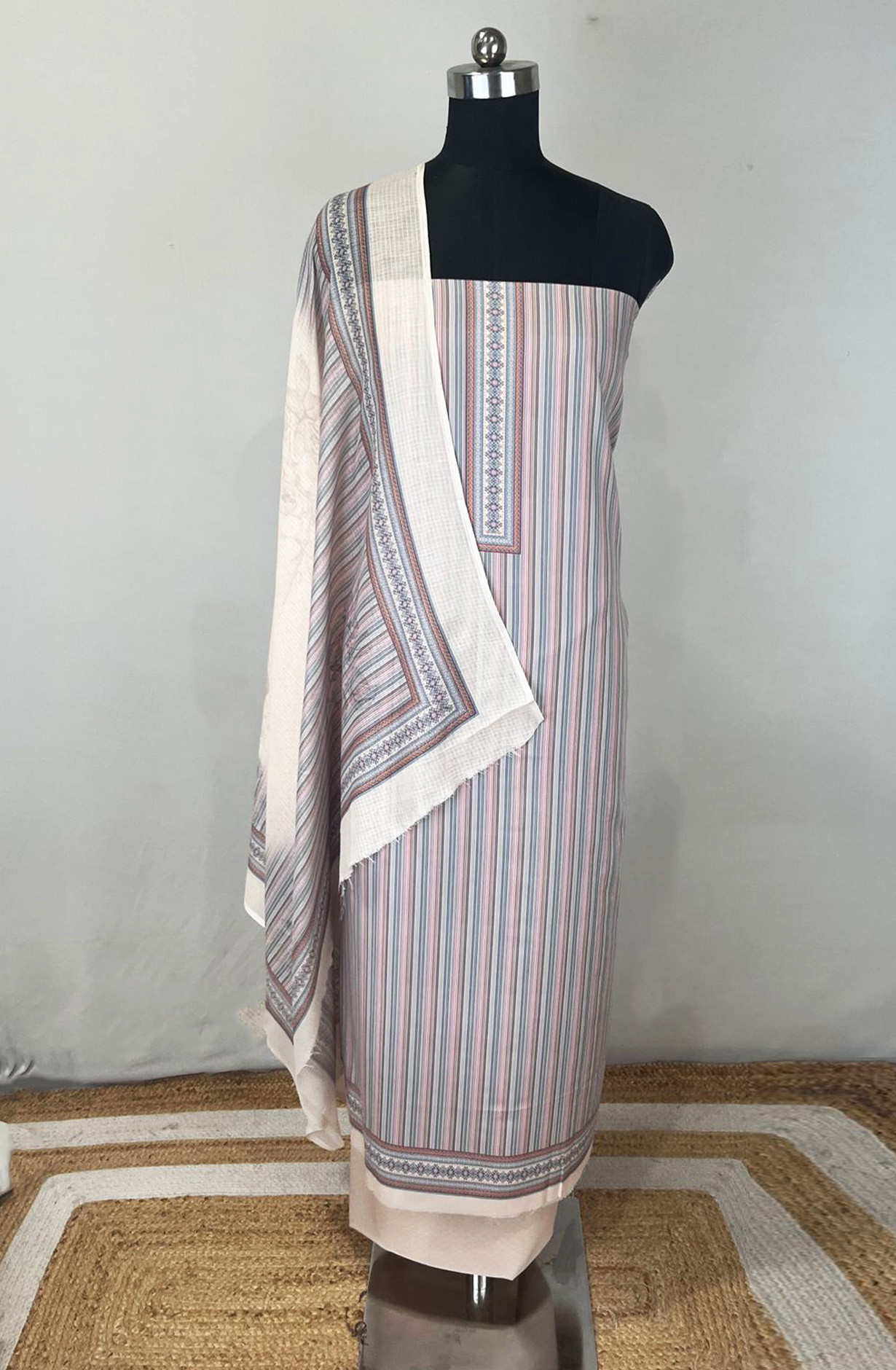 Beige Vertical Stripe Cotton Unstitched Suit Set with Dupatta - 131-SUMCOT1106