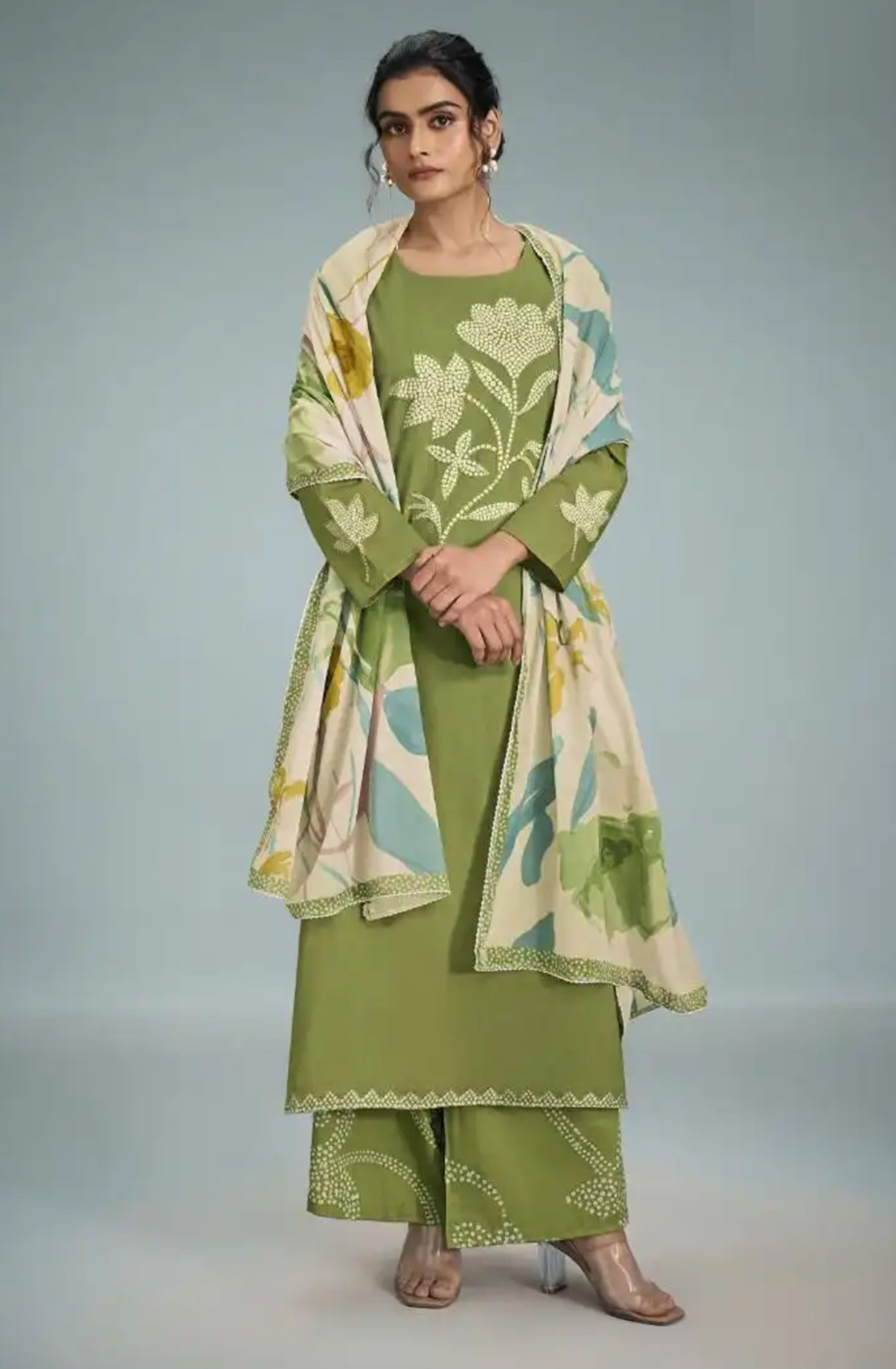 Green Lawn Cotton Aploique Work Suit Set with Dupatta - GUR12001B