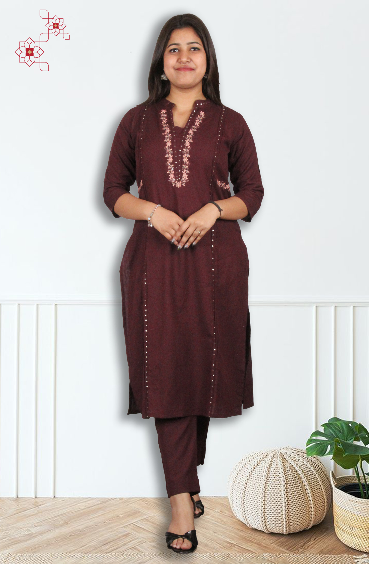Wine Cotton Readymade Top Bottom Set - 2101010330041 - Available Size M to XXXL