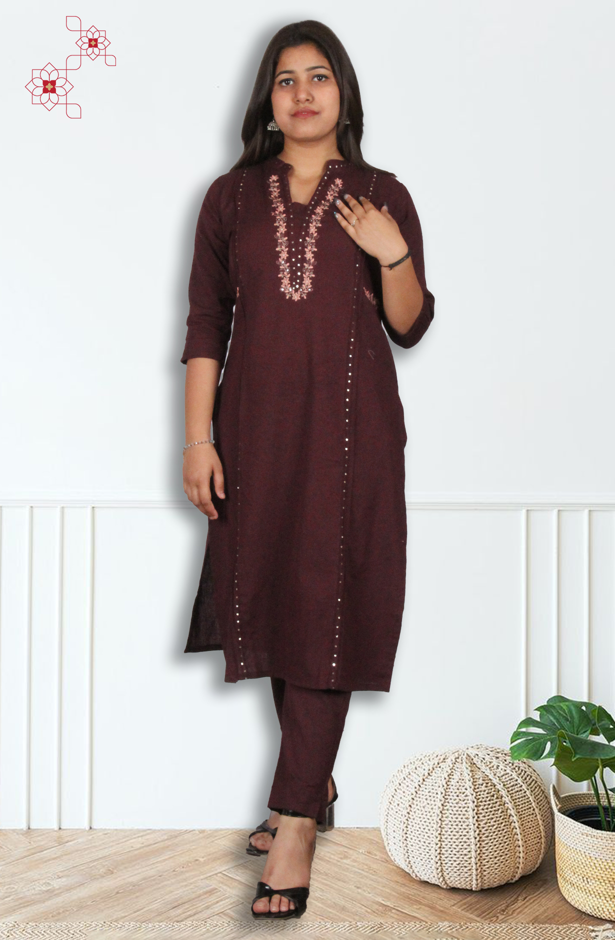 Wine Cotton Readymade Top Bottom Set - 2101010330041 - Available Size M to XXXL