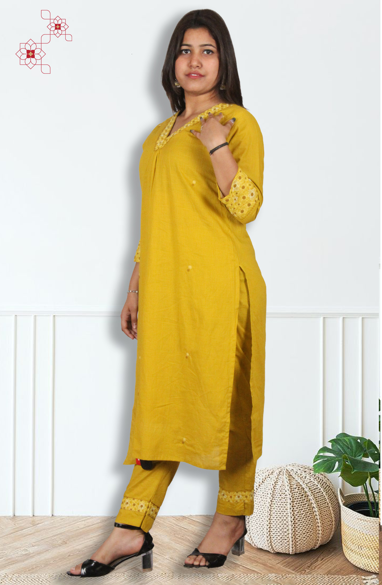 Mustard Yellow Stitched Cotton Printed Top Bottom Set - 2101010830147 - Available Size M to XXXL