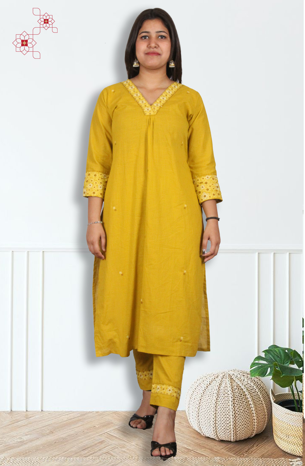 Mustard Yellow Stitched Cotton Printed Top Bottom Set - 2101010830147 - Available Size M to XXXL