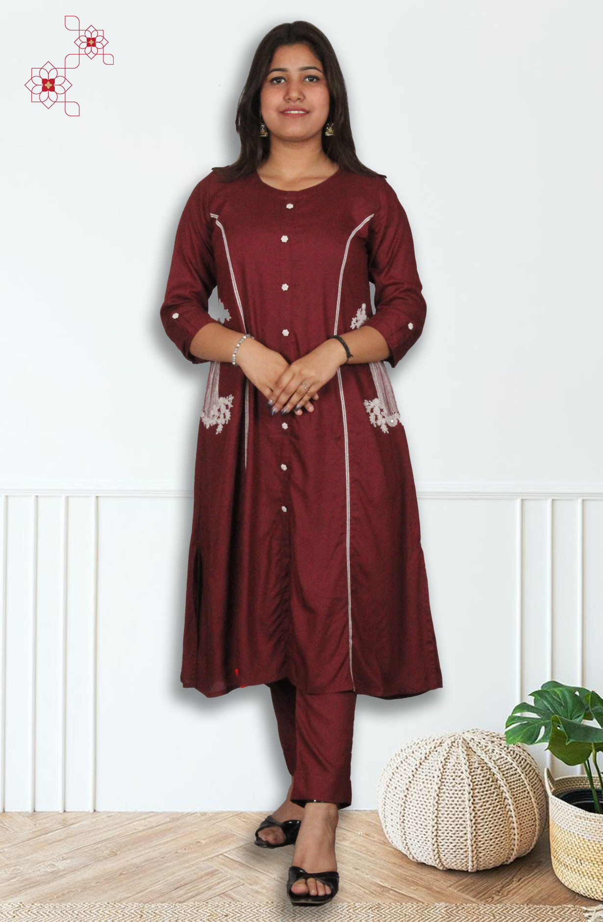 Wine Cotton Embroidered Readymade Top Bottom Set - 2102617930118 - Available Size M to XXXL