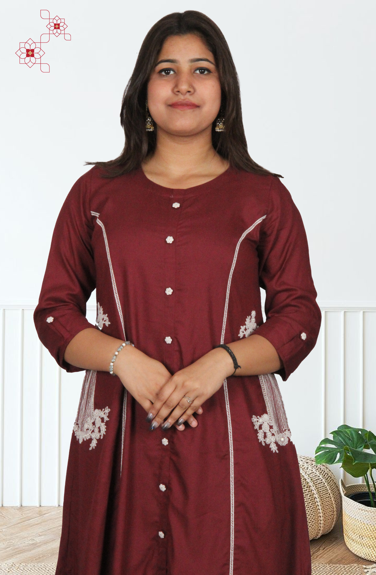 Wine Cotton Embroidered Readymade Top Bottom Set - 2102617930118 - Available Size M to XXXL