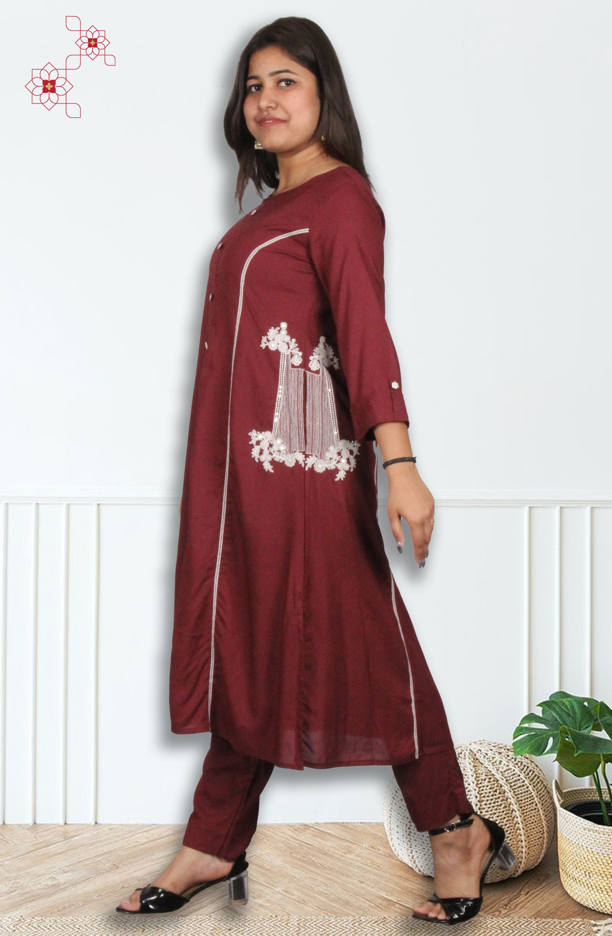 Wine Cotton Embroidered Readymade Top Bottom Set - 2102617930118 - Available Size M to XXXL