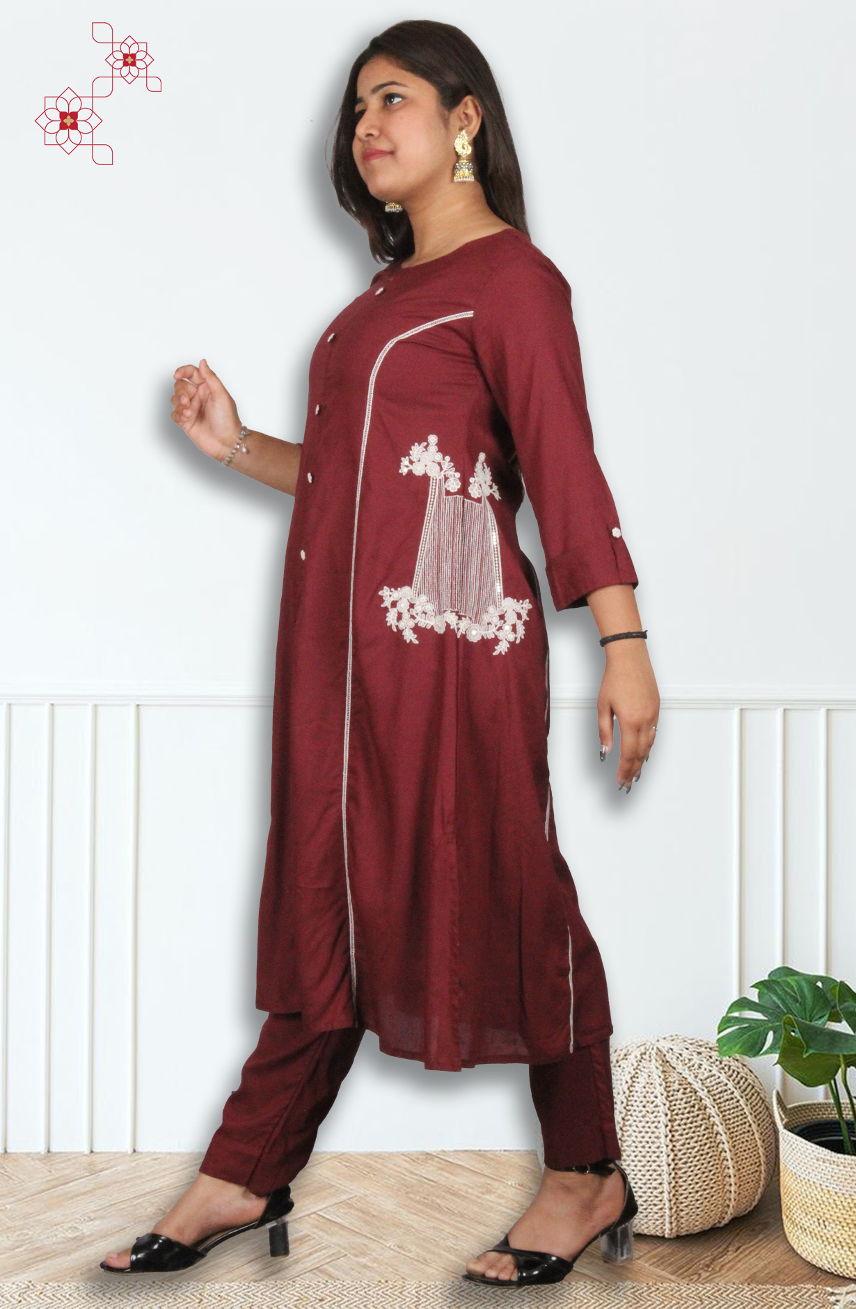 Wine Cotton Embroidered Readymade Top Bottom Set - 2102617930118 - Available Size M to XXXL