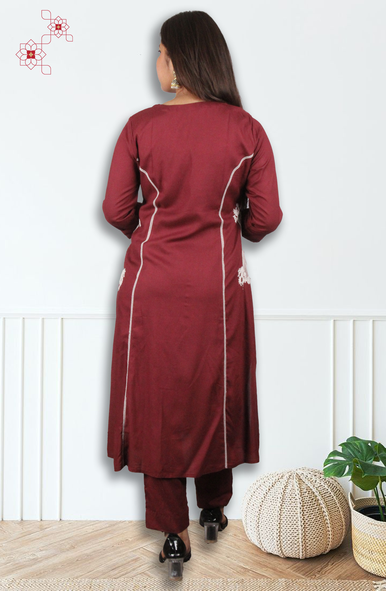 Wine Cotton Embroidered Readymade Top Bottom Set - 2102617930118 - Available Size M to XXXL