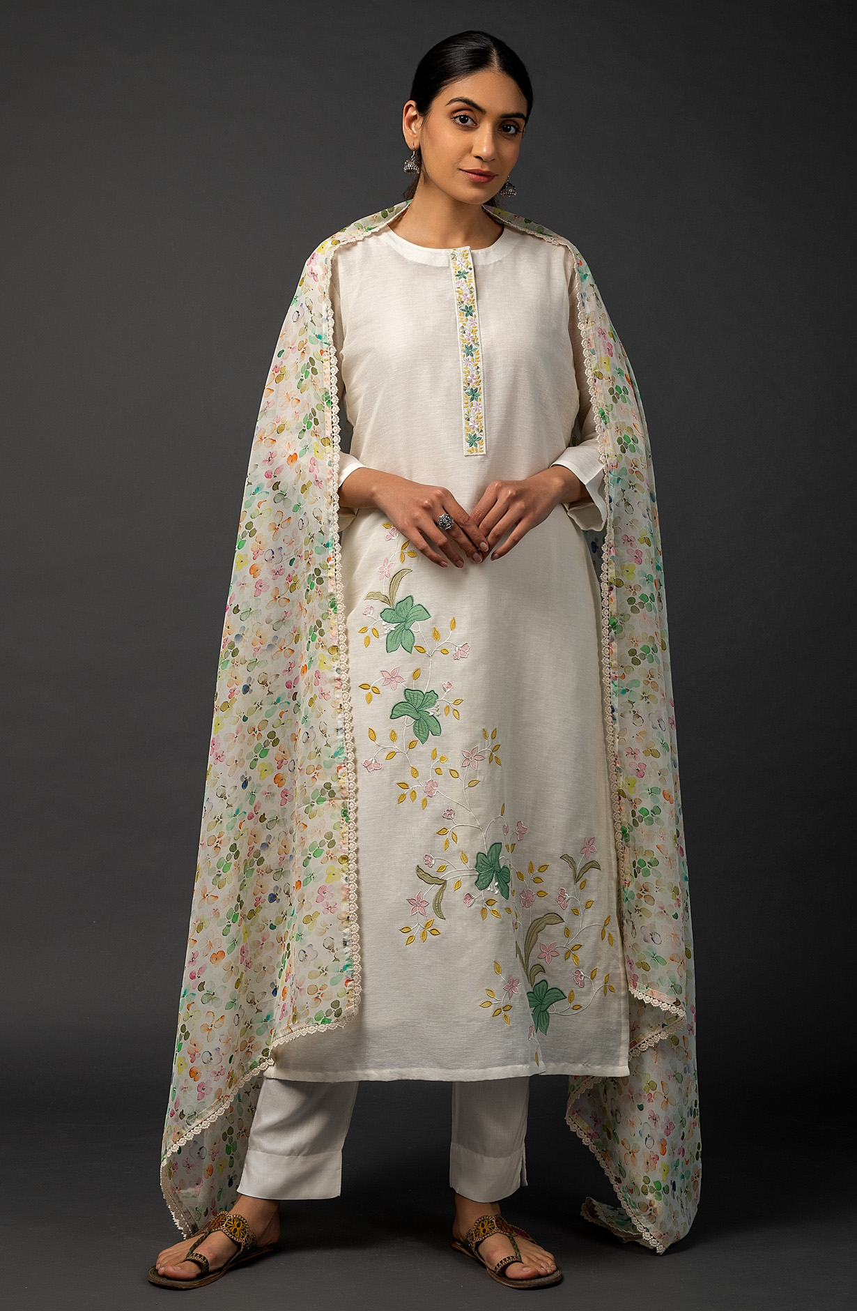Cream Linen Beautiful Embroidered Salwar Suit with Organza Dupatta - R157-SPR1456