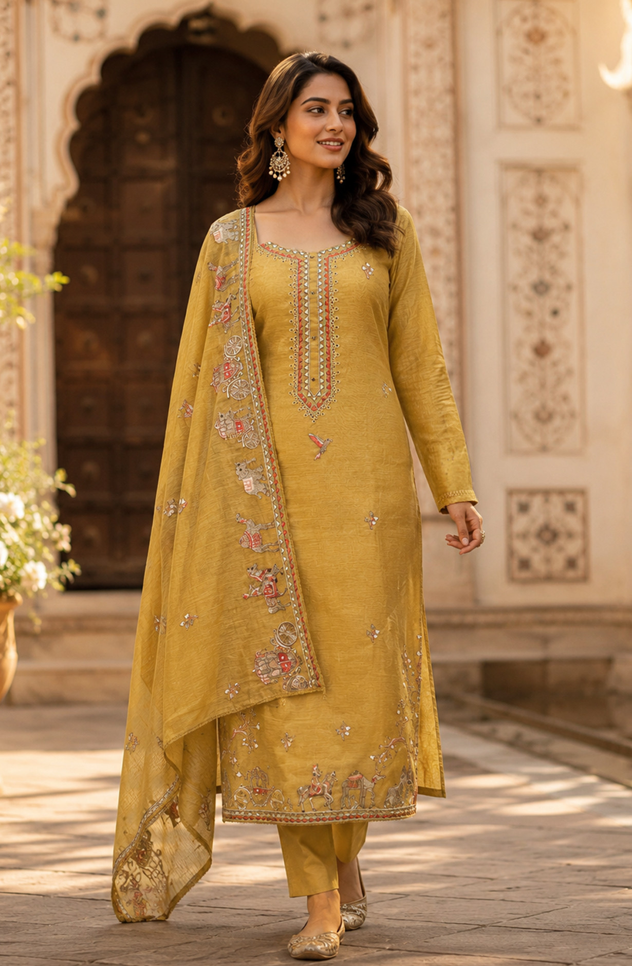 Mustard Mul Chanderi Unstitched Suit Set with Beautiful Dupatta - 752-9180A