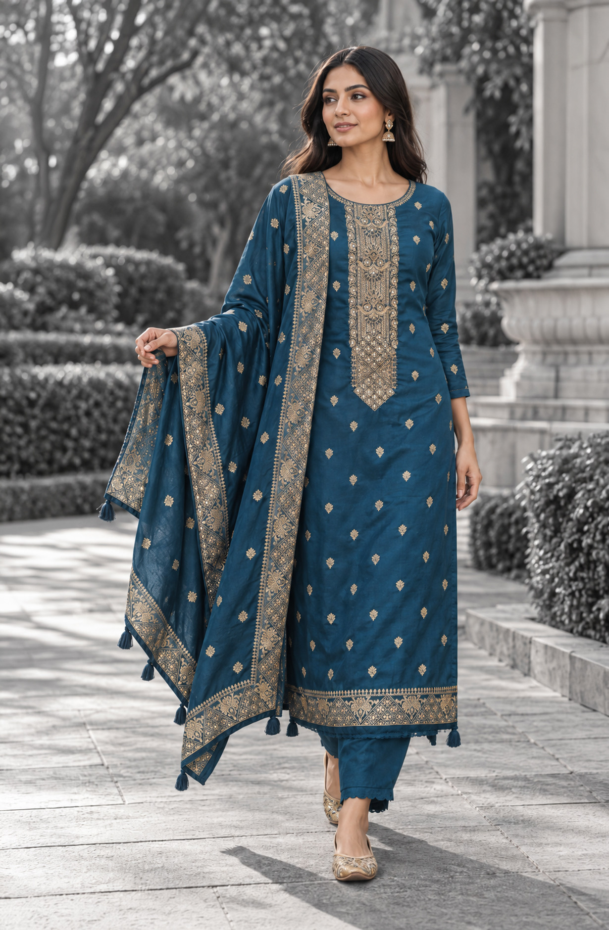 Blue Satin Silk Unstitched Suit Set with Dupatta - 1028-NK075A