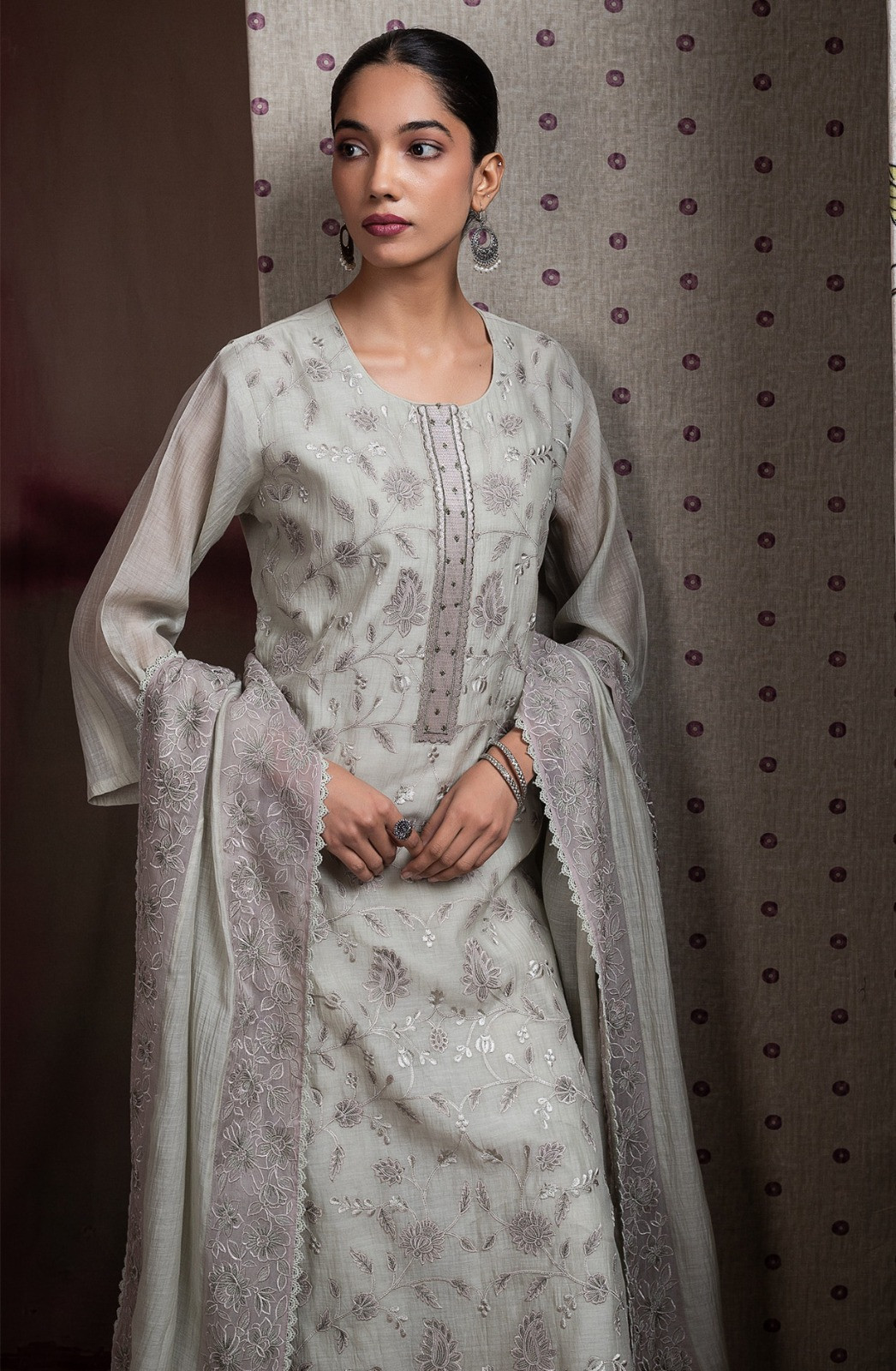 Grey Pure Mul Chanderi Suit Set with Dupatta -R157-SPR2595A