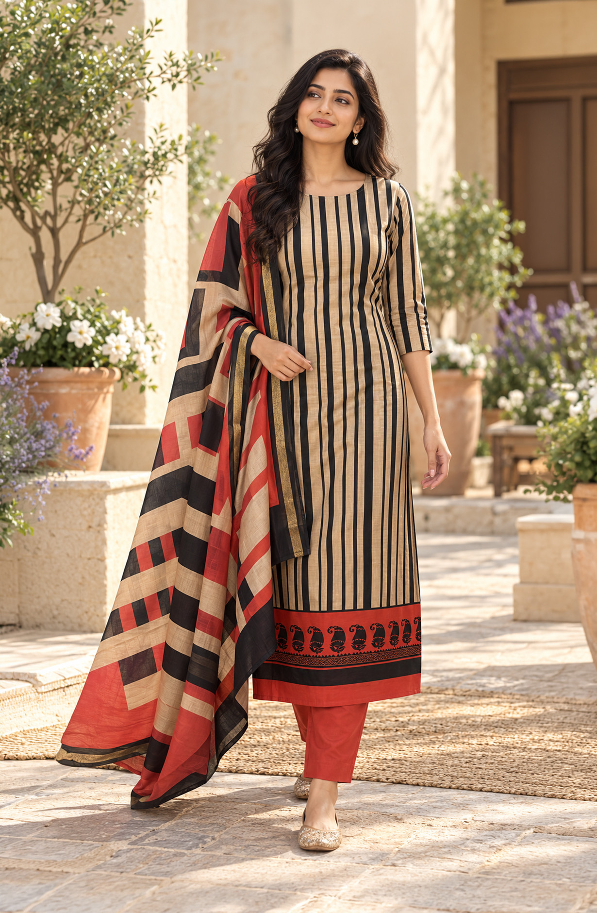 Rust Maheshwari Unstitched Suit-Set with Beautiful Dupatta - 1020-5992