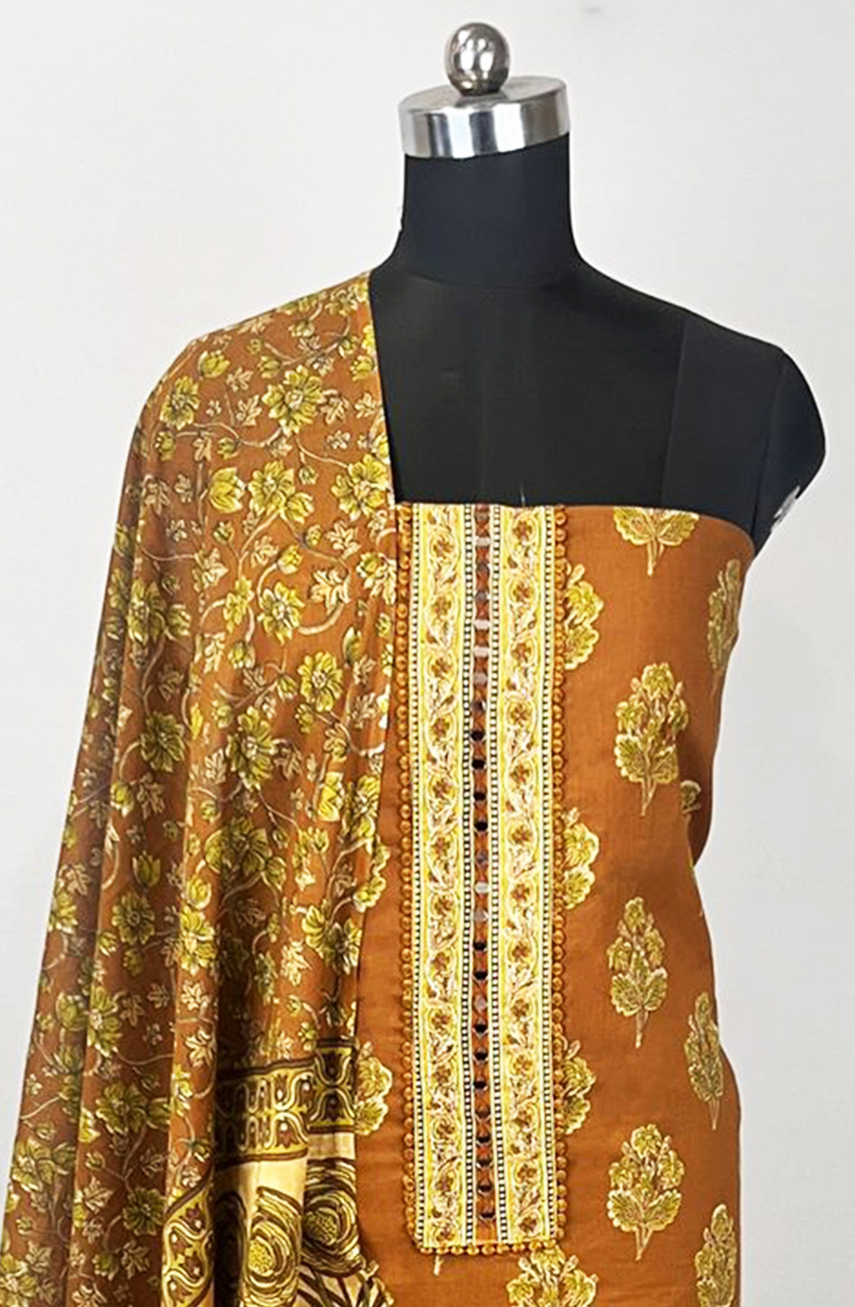 Mustard Printed Cotton Unstitched Suit Set with Dupatta - 131-KE1696B