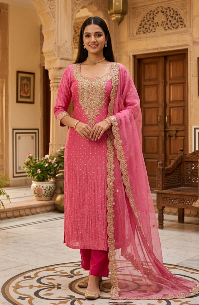 Image of Pink  Shimmer Beautiful Suit Set with Dupatta - 981-NK658