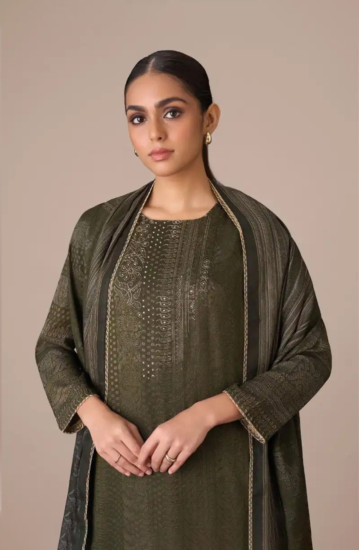 Green Pashmina Digital Printed Suit with Dupatta - CLA8661C