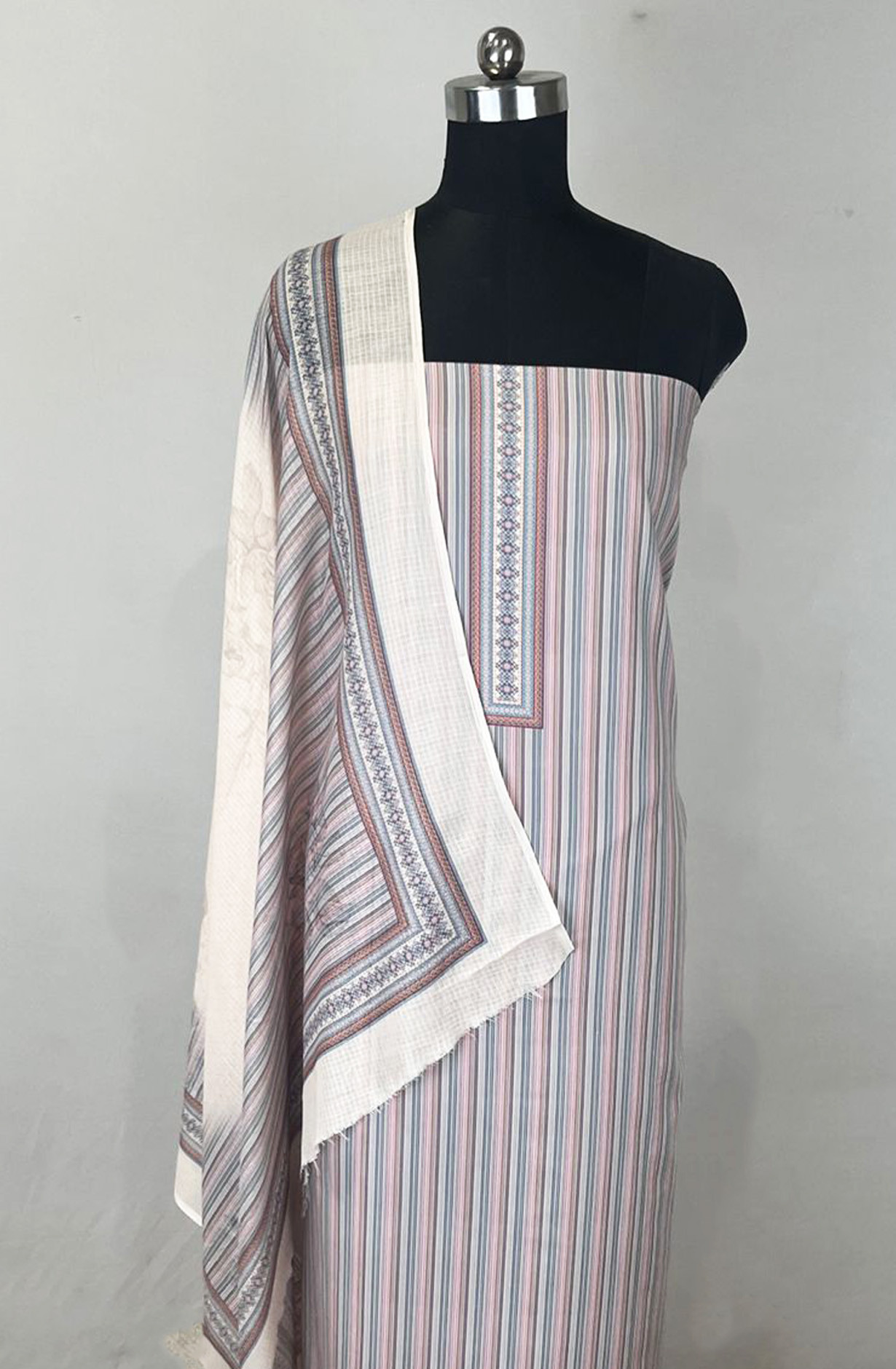 Beige Vertical Stripe Cotton Unstitched Suit Set with Dupatta - 131-SUMCOT1106