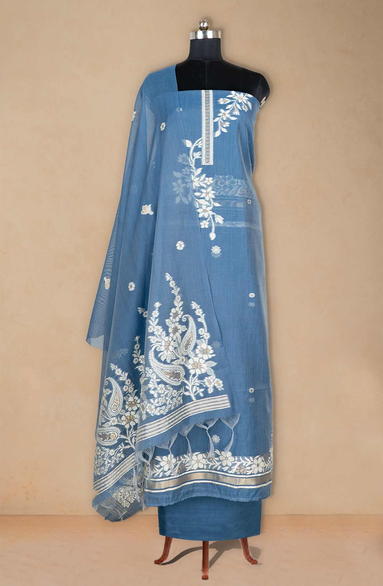 Blue Jamdani weave Beautiful Suit Set with Dupatta - 220-2349-1C