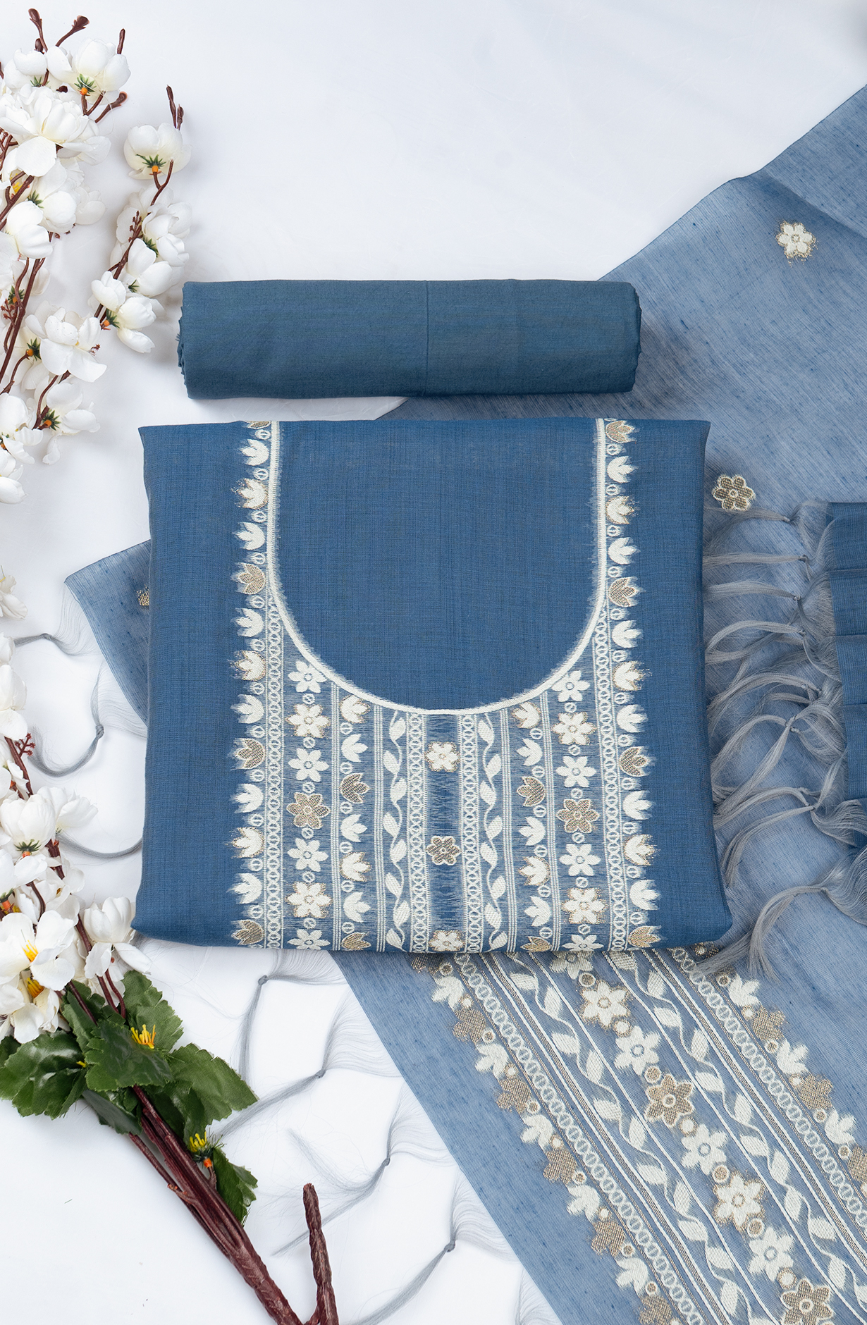 Blue Jamdani Suit Set with Dupatta - 220-2349-1D